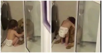 Diapered Toddler Comforts Frightened Golden Retriever During Thunderstorm